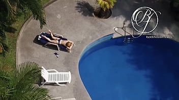 Voyeur spying my sexy blonde MILF neighbor in a blue bikini